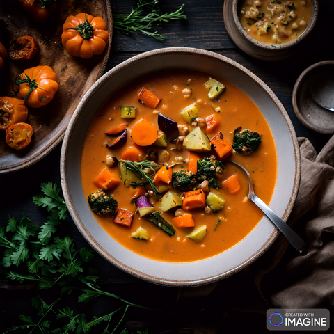 A bowl of warm soup with a side of roasted vegetables.