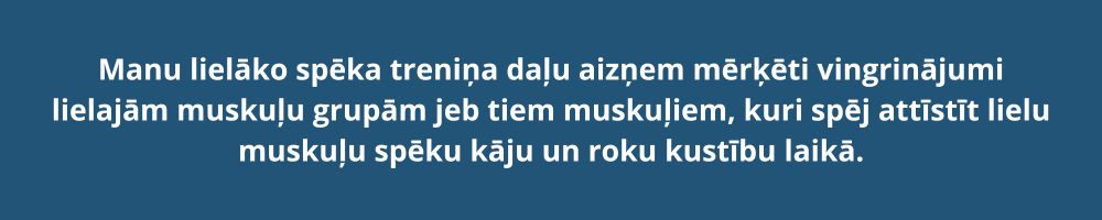 Manu lielāko spēka treniņa daļu aizņem mērķēti vingrinājumi lielajām muskuļu grupām jeb tiem muskuļiem, kuri spēj attīstīt lielu muskuļu spēku kāju un roku kustību laikā.