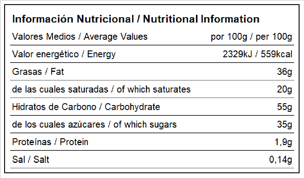 Image #Nomo Nata y Chocolate - 85g Información nutricional