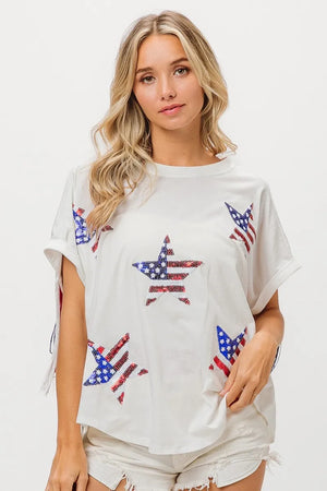 BiBi American Flag Sequin Star Fringe Top - Warley Creek Boutique
