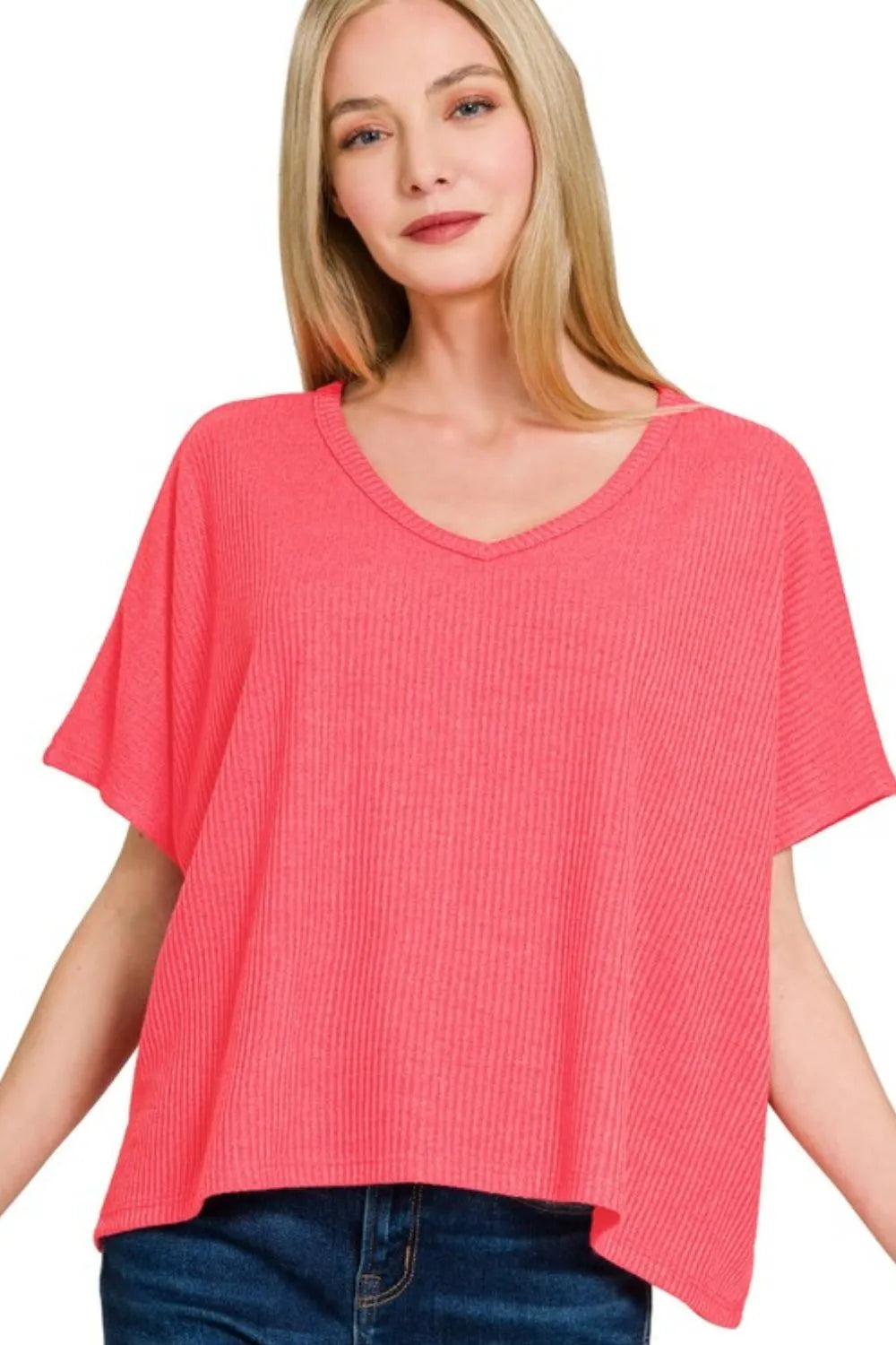 Zenana Ribbed V-Neck Short-Sleeve Knit Top