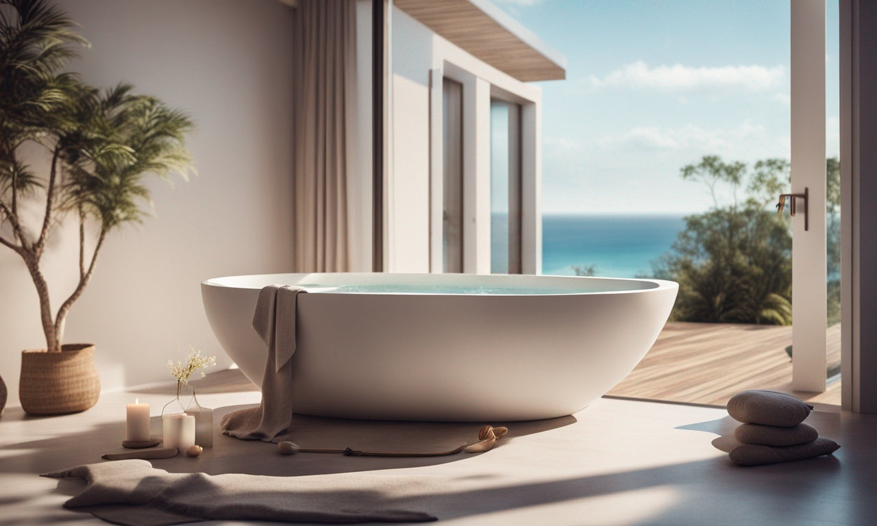 A luxurious freestanding Watrline bathtub is positioned on an outdoor patio adjacent to a swimming pool. The patio is elegantly designed with modern tiles that complement the serene and inviting ambiance of the outdoor setting. The bathtub, a focal point of relaxation, is strategically placed to offer panoramic views of the surrounding landscape, enhancing the outdoor bathing experience. The pool's tranquil water mirrors the clear sky above, creating a peaceful and harmonious environment perfect for unwinding.