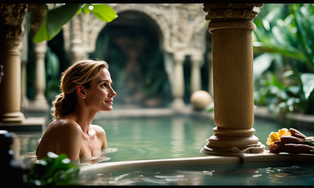 Smiling woman blissfully immersed in an outdoor bath, surrounded by lush Balinese greenery with a serene view of tropical plants and distant hills under a clear blue sky.