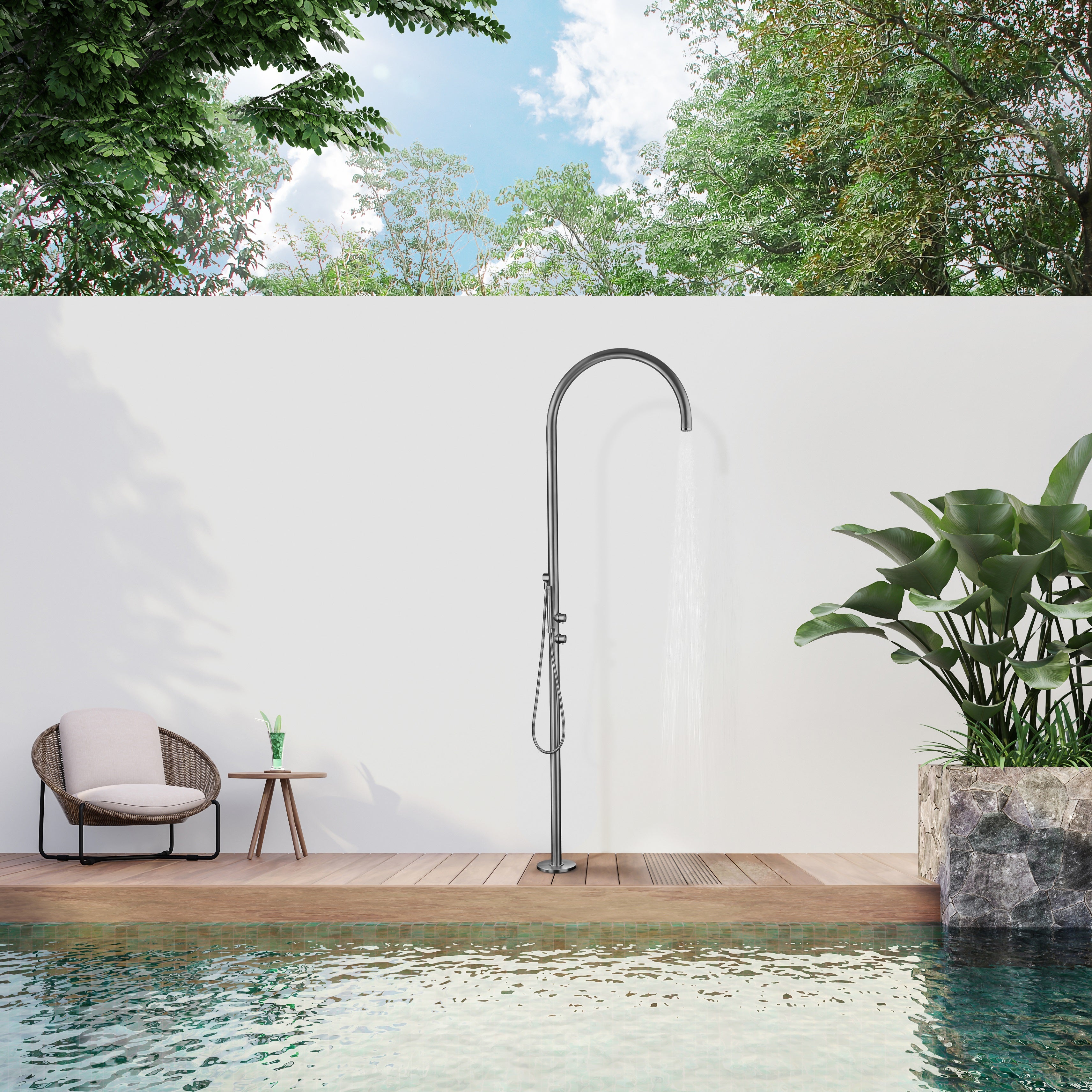 Freestanding 316 marine grade stainless steel outdoor pool shower fixtures with hand shower, foot wash, rain shower head, pressure balance valve, thermostatic valve, volume control, and push button valves, in brushed, polished, matte black, and brass copper tone finishes.