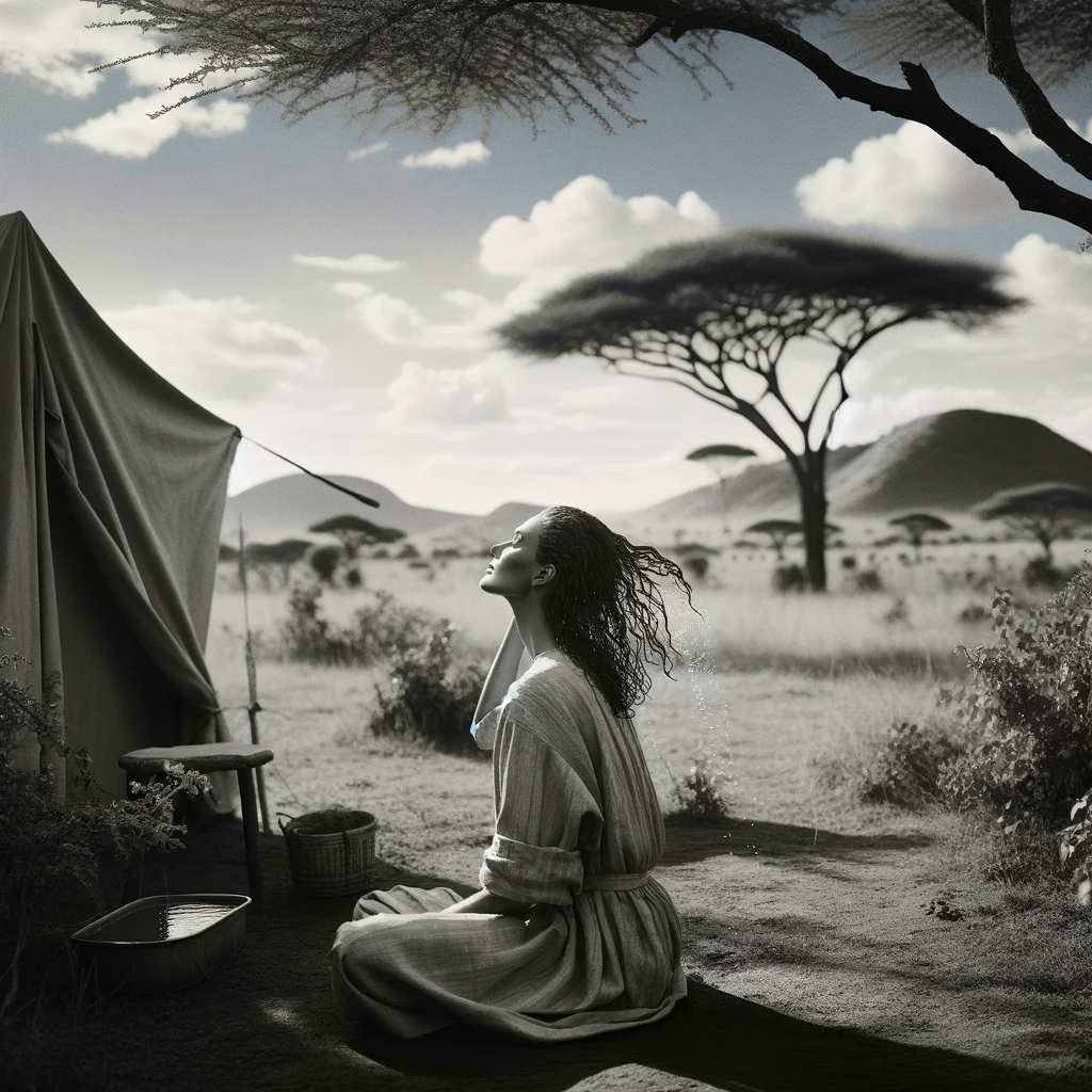 A woman is seated outside a canvas tent, presumably set up in an African landscape. She is engaged in the process of washing her hair, with her hands raised to her head. The background likely includes natural elements typical of the African environment.