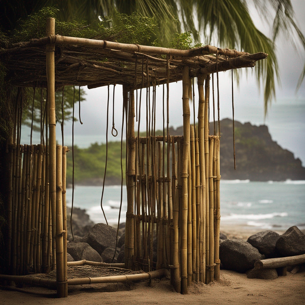An outdoor shower setup constructed from bamboo, located on a sandy beach. The scene is reminiscent of the TV show 'Lost,' with lush greenery in the background and a clear blue sky above. The bamboo structure has a simple yet rustic charm, and the showerhead is visible at the top, blending seamlessly into the natural surroundings. The beach is serene and appears untouched, adding to the sense of being on a deserted island.