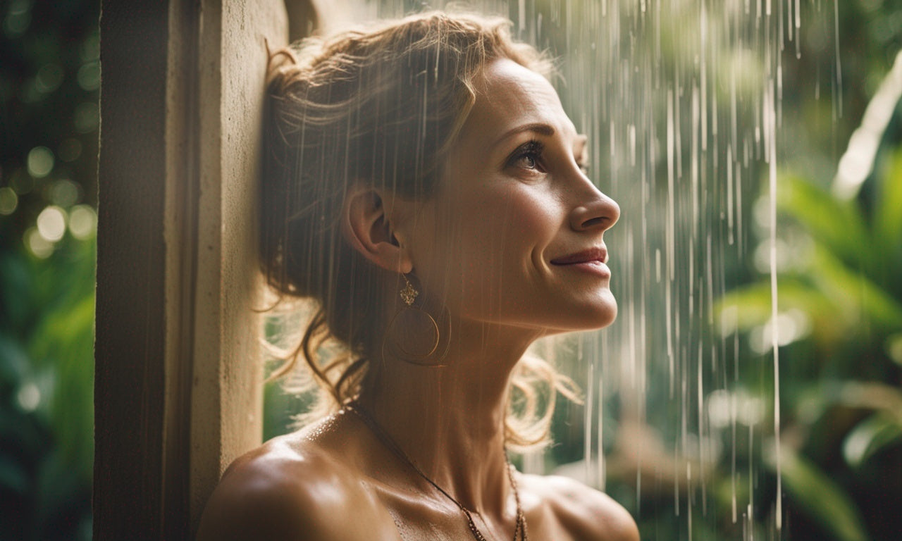 Photo of a joyful woman with a dreamy expression, standing in a lush Bali landscape under a gentle rain. The vibrant greenery of the tropical environment envelops her, adding a serene and picturesque quality to the scene.