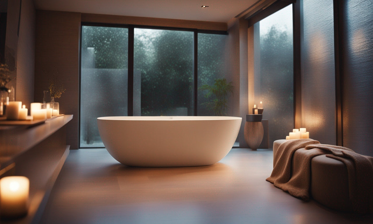 A freestanding Watrline bathtub is centered in a minimalist bathroom, exuding a romantic, Zen-like atmosphere, reminiscent of a spa retreat at home. The room's clean lines and uncluttered design contribute to the serene and tranquil ambiance. Natural light filters softly through translucent window coverings, highlighting the tub's sleek contours and the subtle textures of the surrounding neutral-toned walls and floor. Carefully selected elements such as lush green plants, a few delicately placed candles, and soft, fluffy towels enhance the spa-like experience, inviting relaxation and rejuvenation. The overall effect is a harmonious blend of simplicity and luxury, creating a peaceful sanctuary that beckons for a moment of calm and intimate retreat.