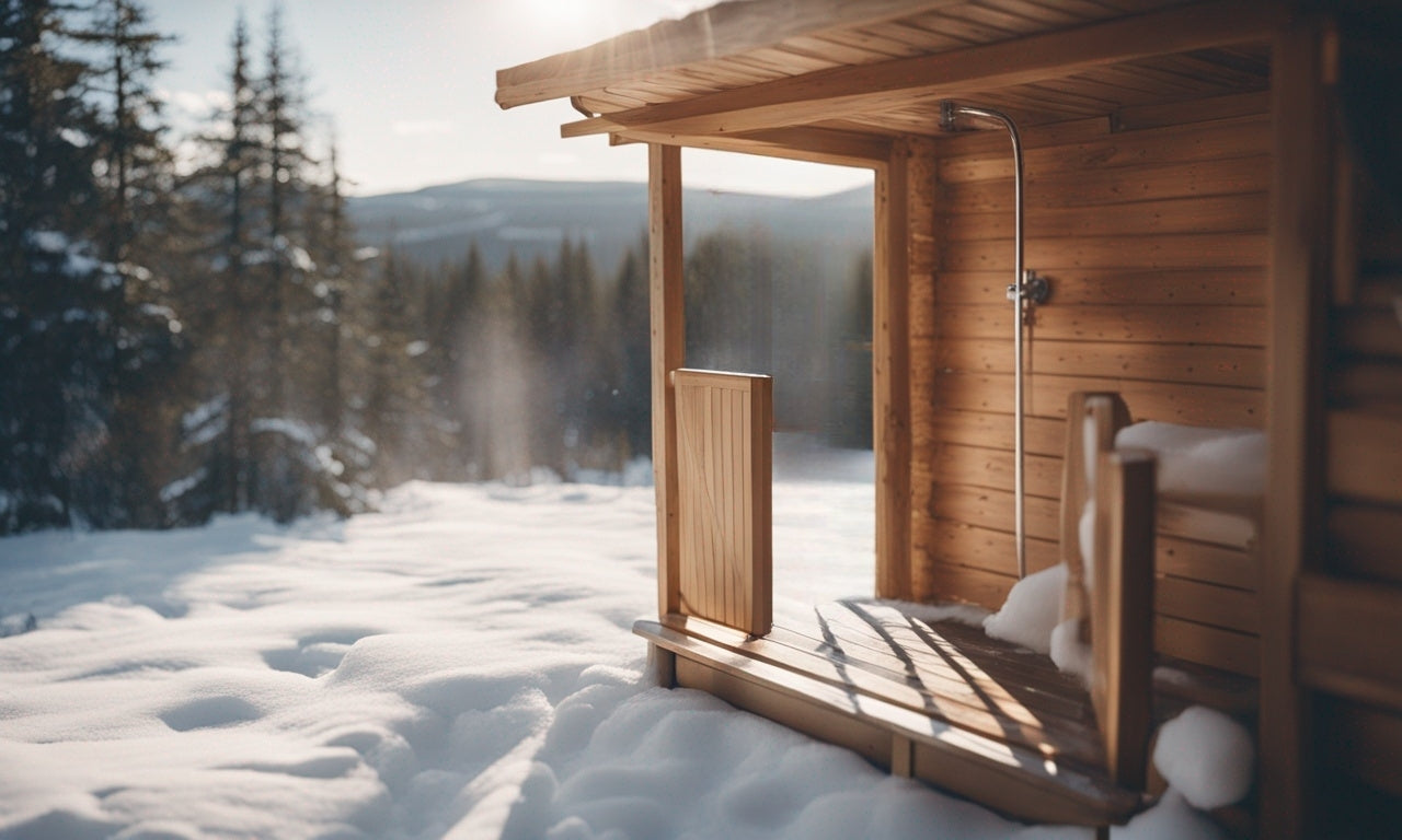 A serene Scandinavian landscape blanketed in snow, featuring a cozy wooden sauna with a small, inviting outdoor shower area to the side. The contrast of the warm, glowing lights from the sauna windows against the cool, white snow enhances the feeling of warmth and relaxation. Tall, slender trees partially obscured by the falling snowflakes frame the scene, adding to the tranquil and secluded ambiance of this winter retreat.
