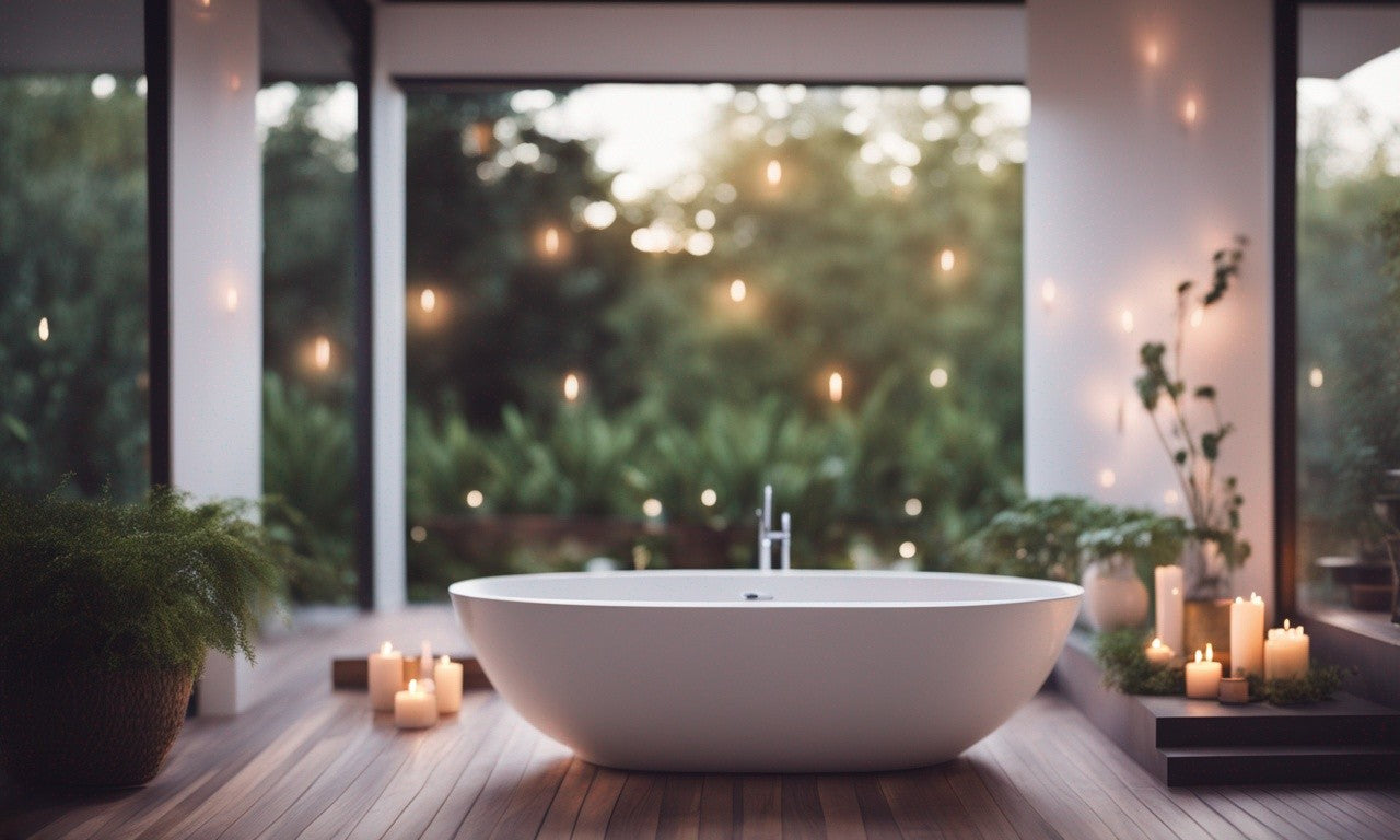 A freestanding Watrline bathtub is the focal point of this serene bathroom setting. It is elegantly positioned in the center of the room, surrounded by numerous lit candles, casting a warm, inviting glow. The gentle flicker of candlelight enhances the tranquility and luxurious feel of the space, creating a peaceful retreat for relaxation.