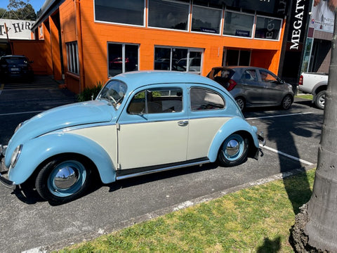 1957 Volkswagen Beetle, parked outside Megatyre with new Hankook tyres fitted.