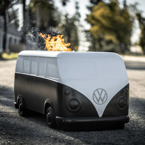 black and white classic Volkswagen Microbus fire pit