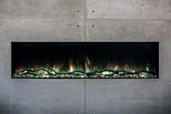 Wall-mounted smart electric fireplace with green ember and yellow flames