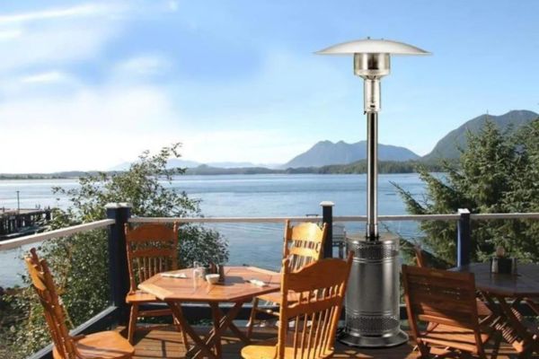 Portable propane heater in an outdoor dining area