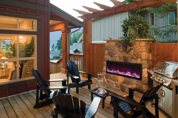 Electric fireplace in outdoor dining area