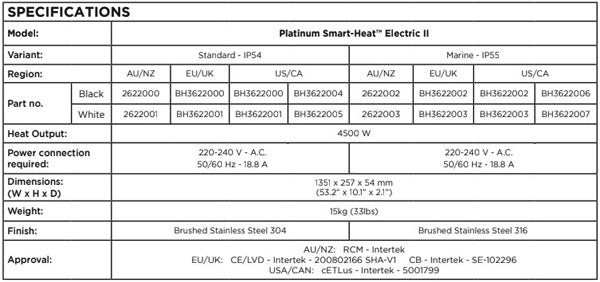Bromic Heating Platinum Electric Heater 4500W Specs