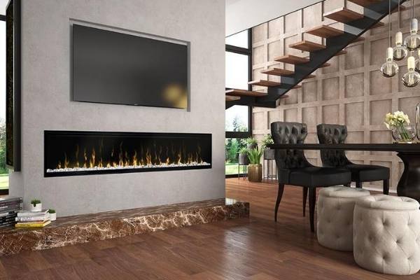 Long linear electric fireplace in dining area