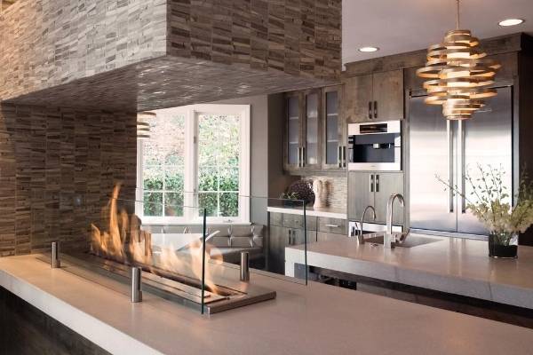 Ethanol fireplace in kitchen