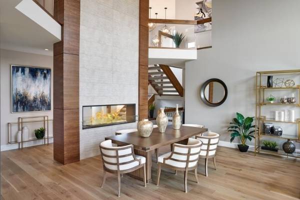 Modern 2-sided fireplace in dining room