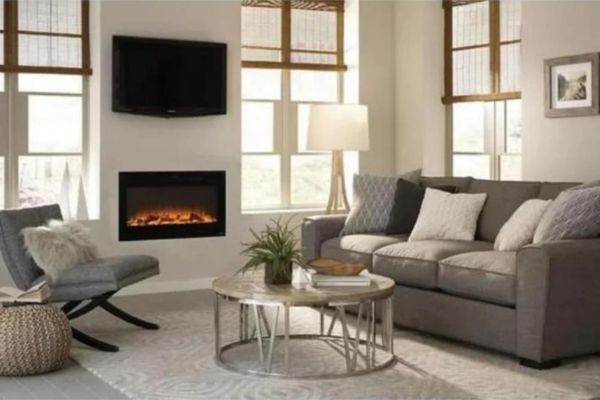 36-inch recessed electric fireplace in a living room