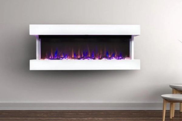 White wall mounted 3-sided smart electric fireplace