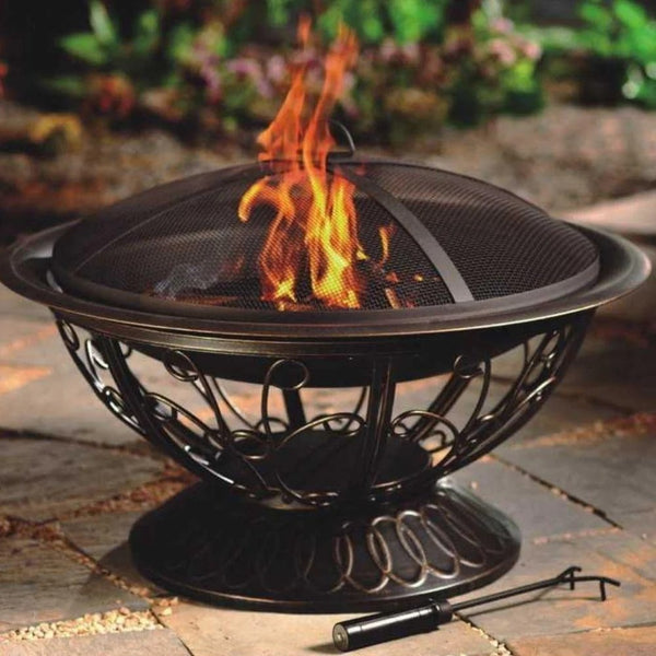 Affordable round fire pit with intricate scroll design