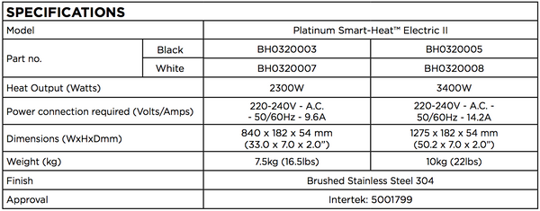 Bromic Heating Platinum Electric Heater Specs