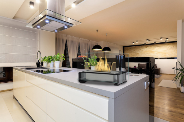 Table top fireplace in a kitchen