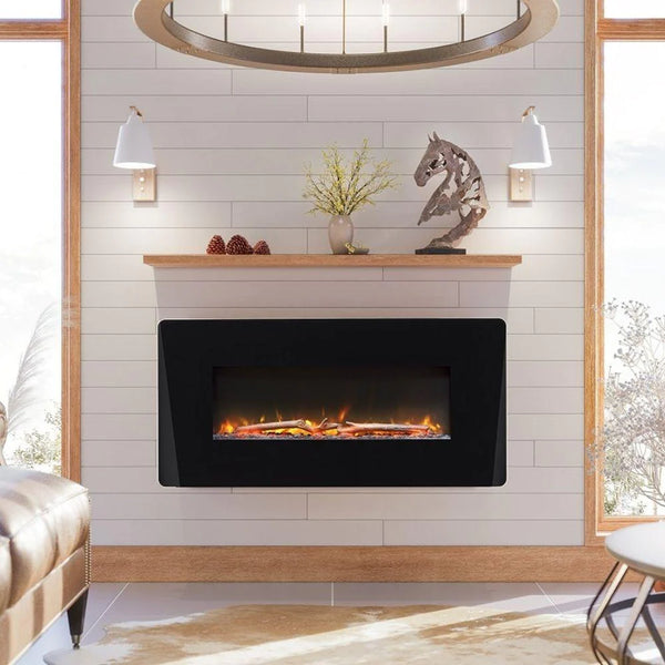 Image of Dimplex Winslow Curved Wall Mounted Electric Fireplace against a white brick-like wall