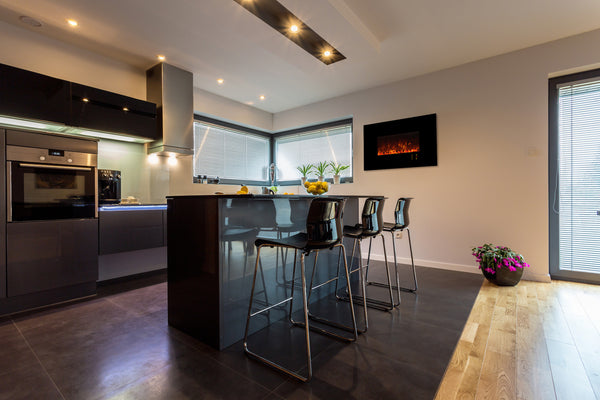 Electric fireplace above a kitchen island