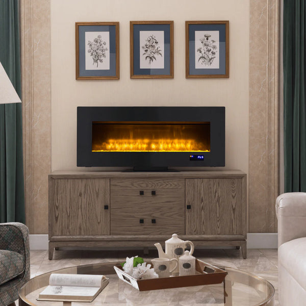 Freestanding electric fireplace in living room