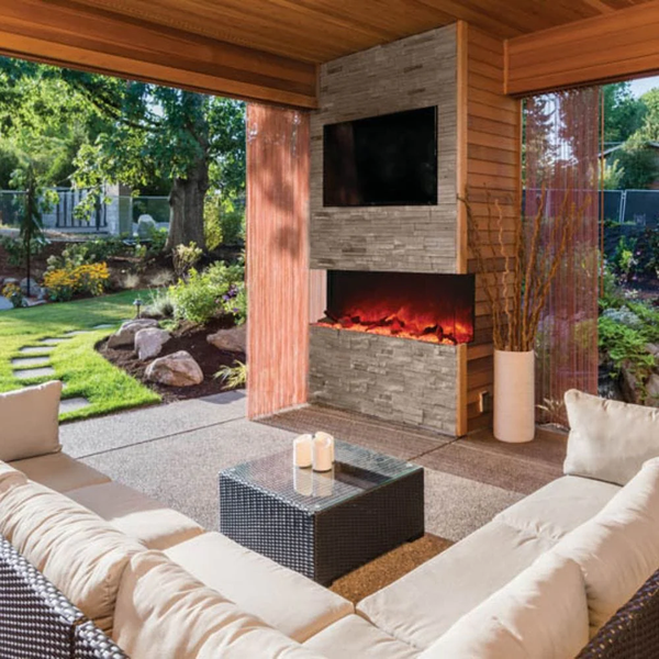 3-sided smart electric fireplace in an outdoor lounge area