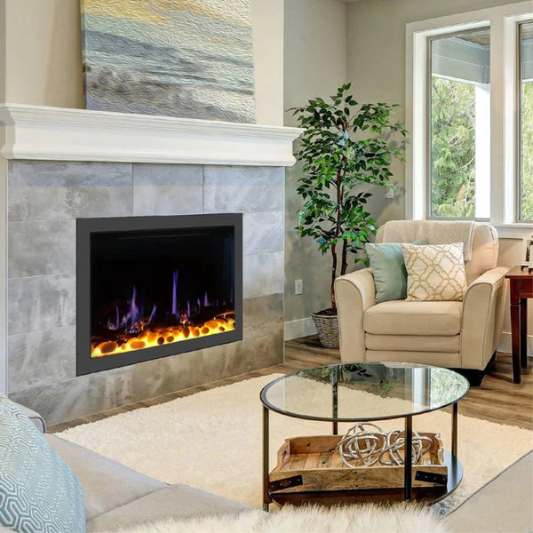 Image of a living room with Litedeer Homes LiteStar Smart Built-In Electric Fireplace Insert with Real Flame Effect