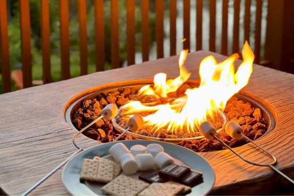 Making s'mores over gas fire pit in Airnbn