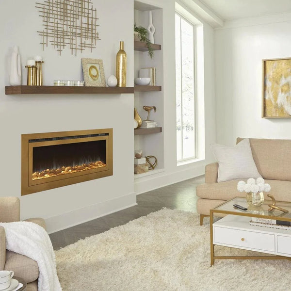 Gold 50-inch built-in smart electric fireplace in elegant living room
