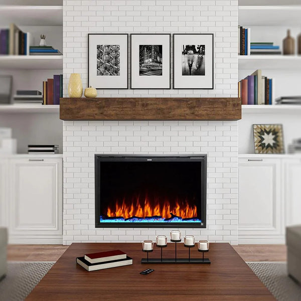 Elite recessed/wall mounted smart electric fireplace against white brick wall