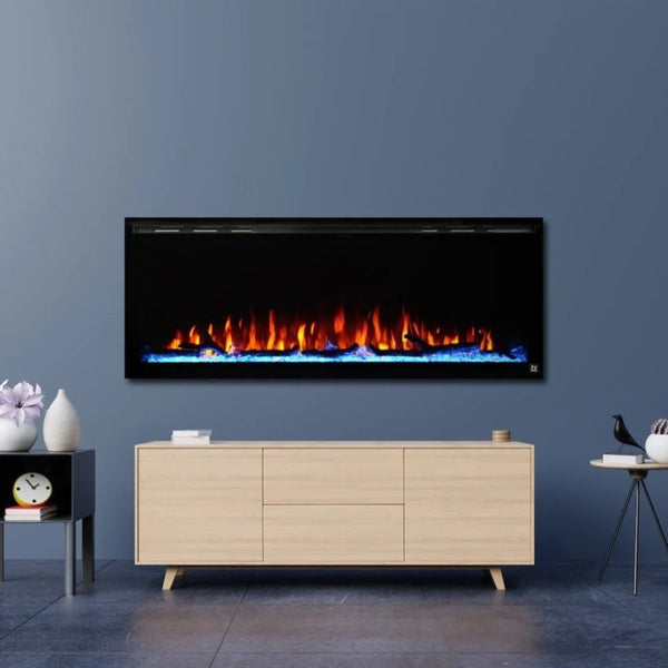 Image of Touchstone Sideline Elite Smart Electric Fireplace against a grayish blue wall