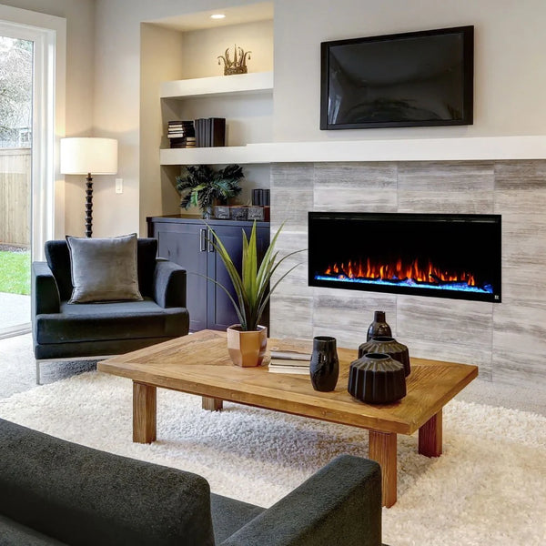 Image of In photo: Touchstone Sideline Elite Smart Electric Fireplace below a TV