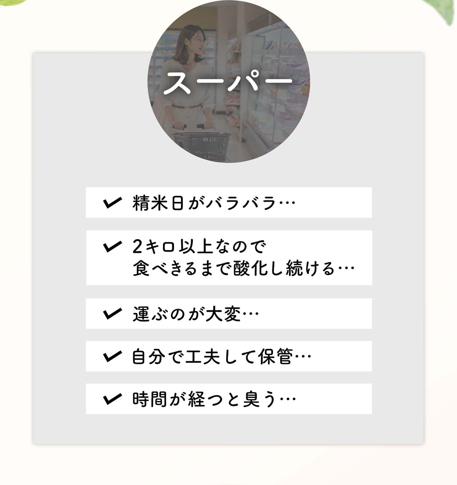 スーパー・精米日がバラバラ、2キロ以上なので食べきるまで酸化し続ける、運ぶのが大変、自分で工夫して保管