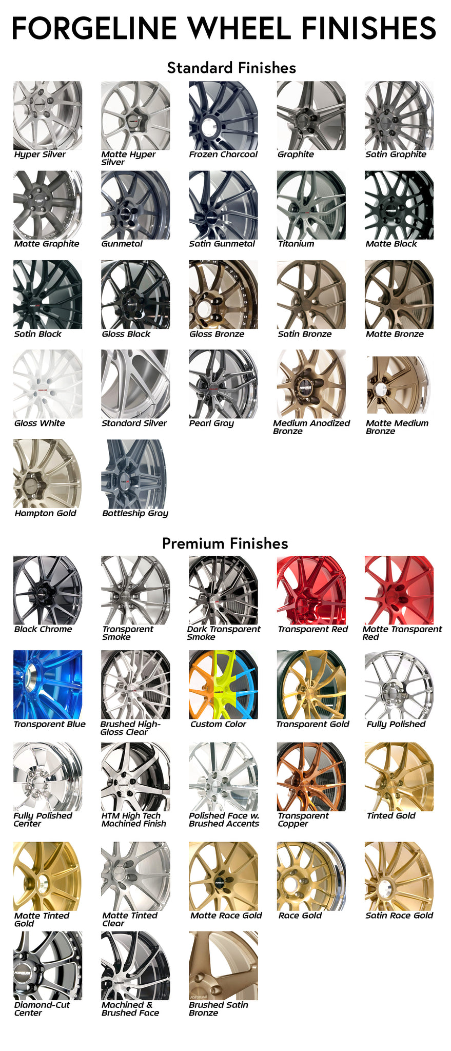 Forgeline Wheels come in all the most popular standard finishes and amazing custom premium finishes