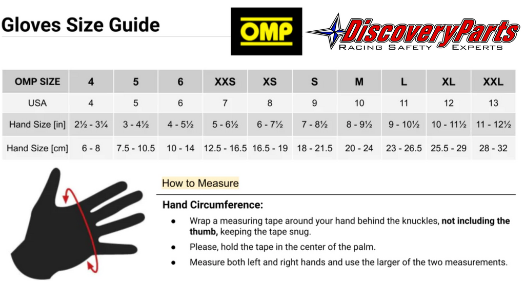 OMP KS-2R Kart Racing Glove Size Chart How to measure your hand for eh correct size OMP KS-2R Kart Racing Glove