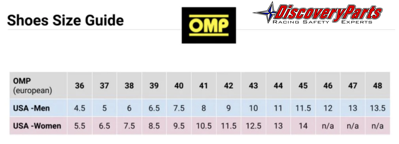 OMP PIT CREW SHOE SIZE CHART IMAGE