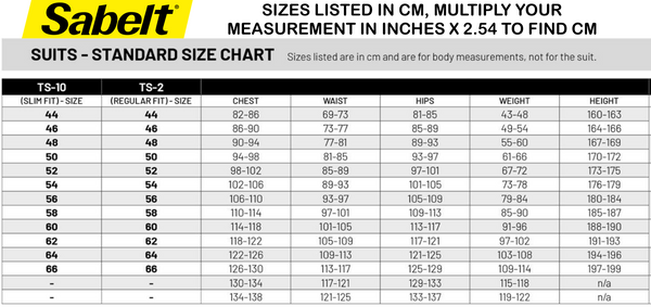 SABELT TS-10 SUIT SIZE CHART