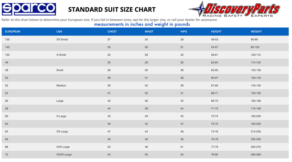 Sparco Extrema S Auto Race Fire Suit FIA 8856-2000 Size Chart