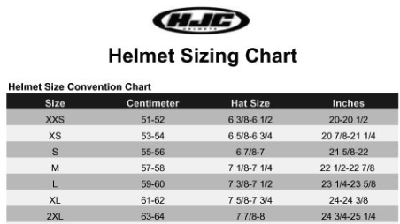 HJC Helmet Size Chart