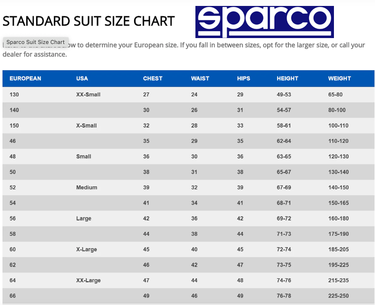 Sparco X-light kart racing suit how to measure for the correct european size kart racing suit