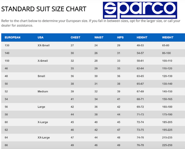 Sparco Competition SFI Auto Suit Size Chart
