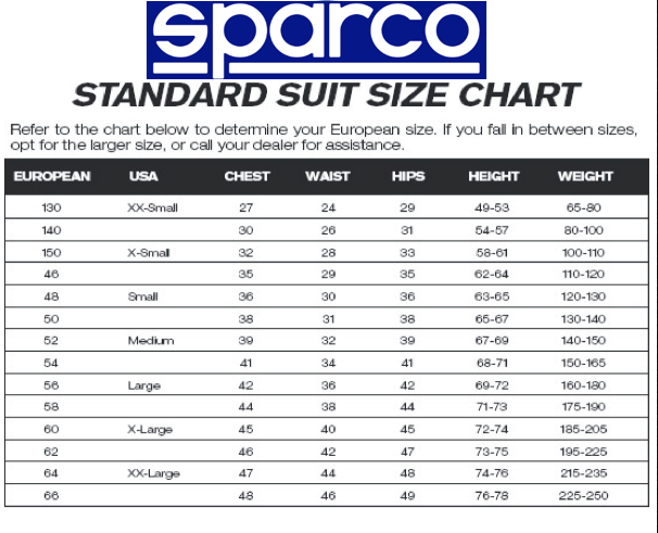 SPARCO KART RACING SUIT SIZE CHART FOR SPARCO X-LIGHT KART SUIT