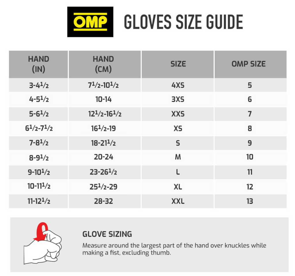 OMP Sport Gloves FIA 88556-2018 size chart