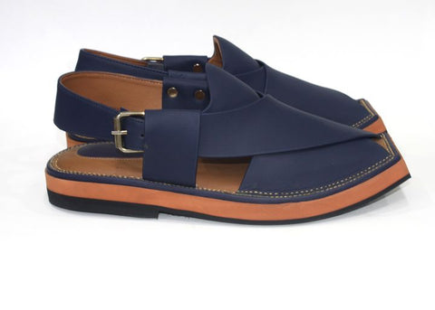 Unique Design Blue Color Leather Kaptaan Peshawari Chappal for men